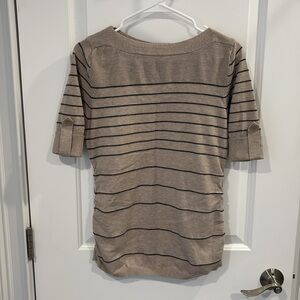 Medium tan with black stripes short sleeve light sweater.